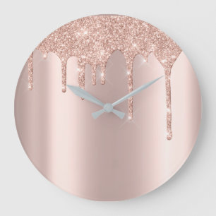 Rose Gold Metal Spark Glitter Drip Blush Glitter Large Clock