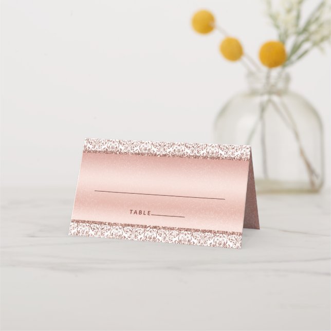 Rose Gold Metallic Damask Monogram Glam Wedding Place Card (Front)