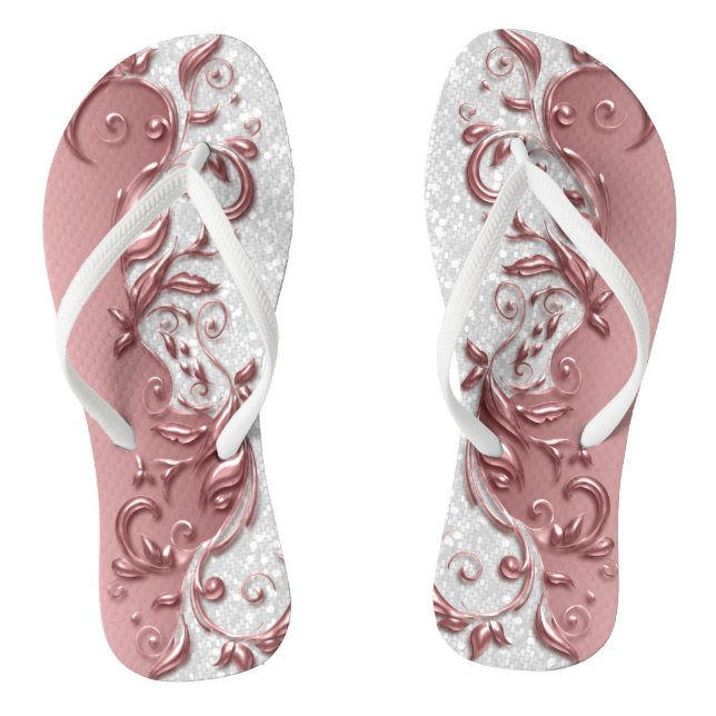 Rose Gold Metallic Floral & White Glitter Flip Flops (Footbed)
