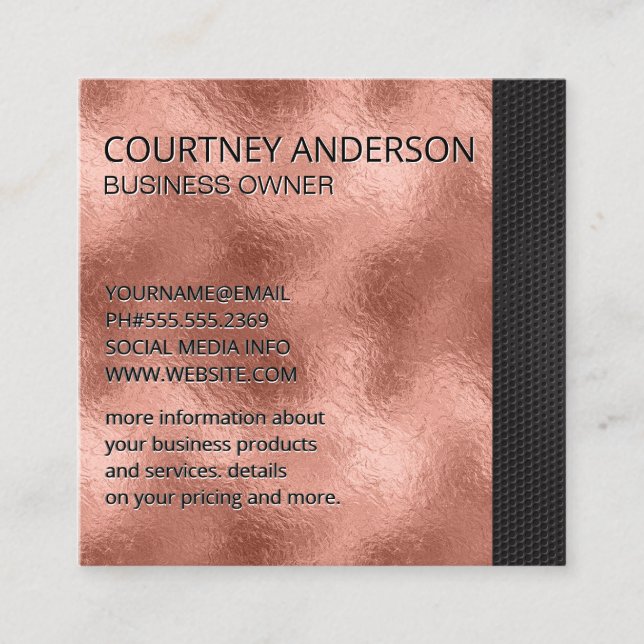 Rose Gold Metallic Foil | Black Trim Square Business Card (Front)
