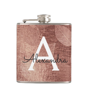 Rose Gold Metallic Foil Glam Monogram Initial Hip Flask