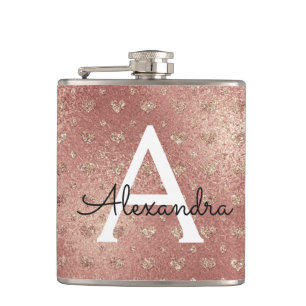 Rose Gold Metallic Foil Glam Monogram Initial Hip Flask