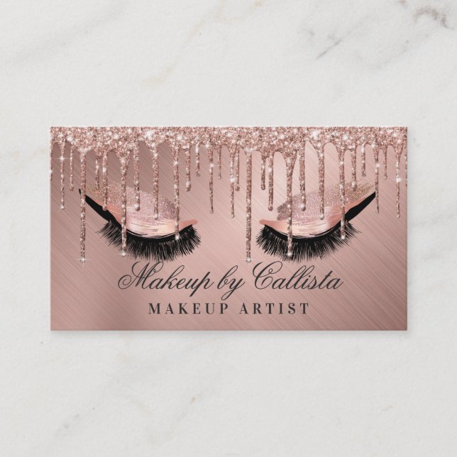 Rose Gold Metallic Glitter Drips Makeup Lashes Business Card (Front)