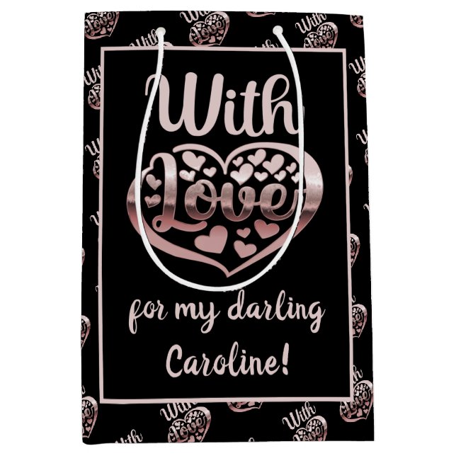 Rose gold metallic look Valentine heart love black Medium Gift Bag (Front)