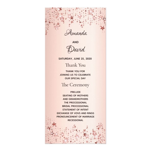 Rose gold metallic stars wedding program (Front)