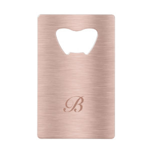 Rose Gold Metallic Texture Design Monogram Credit Card Bottle Opener