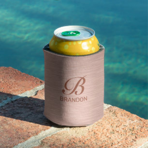 Rose Gold Metallic Texture Monogram Can Cooler