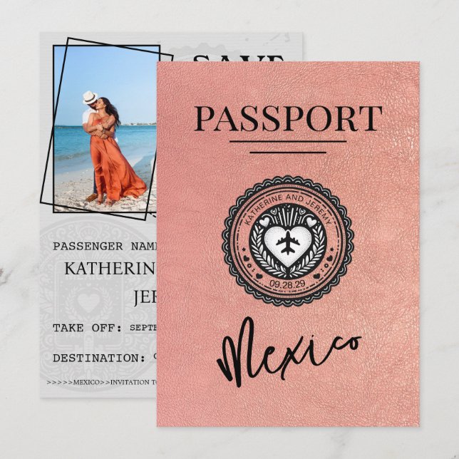 Rose Gold Mexico Passport Save The Date (Front/Back)