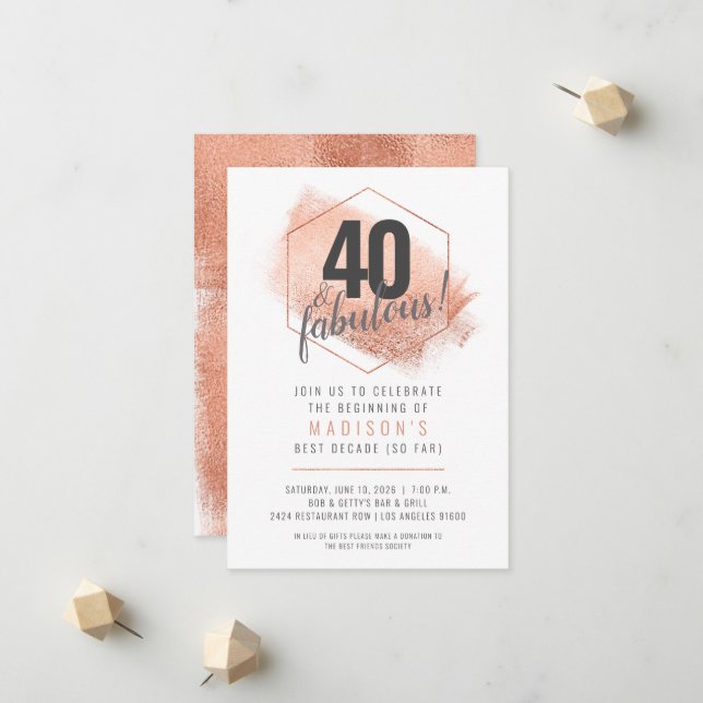 Rose Gold Minimaliste 40e anniversaire Invitation (Devant/Arrière en situation)