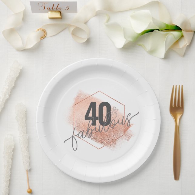 Rose Gold Minimalistic 40s Birthday Faux Foil Paper Plate (Wedding)