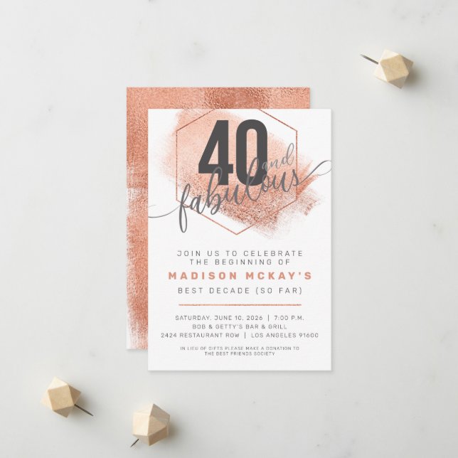 Rose Gold Minimalistic 40th Birthday Invitation (Front/Back In Situ)