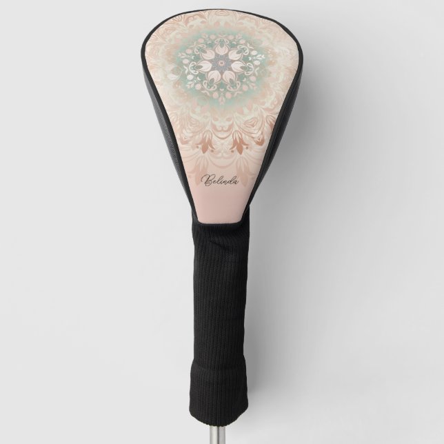 Rose Gold Mint Floral Mandala Golf Head Cover (Front)