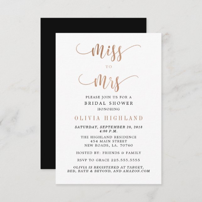 Rose Gold Miss à Mme Bridal Shower Invitations (Devant / Derrière)