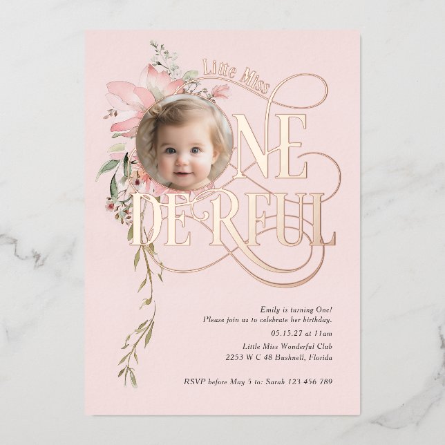 Rose gold Miss Onederful Girl 1st birthday photo (Front)