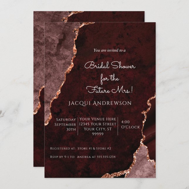 Rose Gold Modern Agate Burgundy Dusty Pink Bridal Invitation (Front/Back)