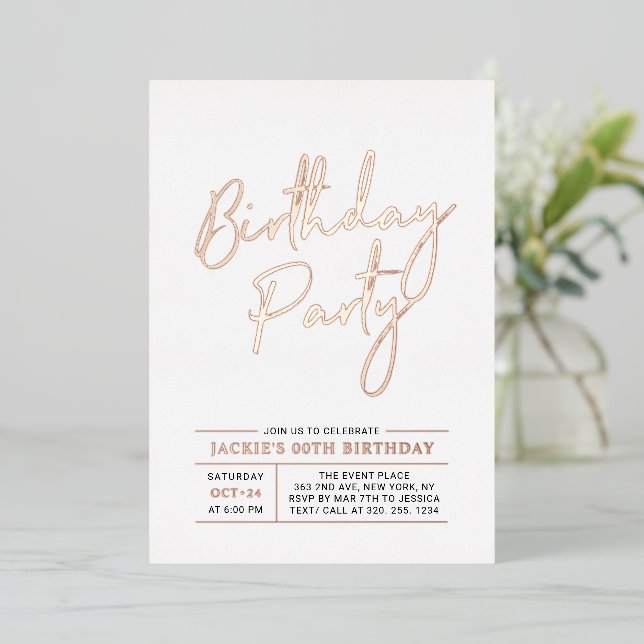 Rose Gold Modern Brush Script Adult Birthday Party (Standing Front)