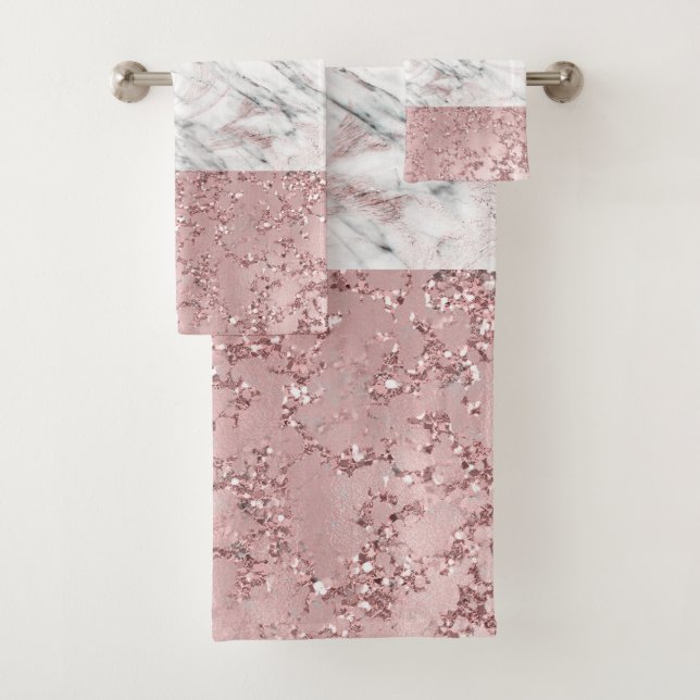 Rose Gold Modern Glam Marble & Glitter Decorative Bath Towel Set (Insitu)