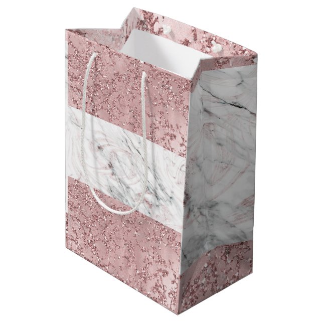 Rose Gold Modern Glam Marble & Glitter Decorative Medium Gift Bag (Back Angled)