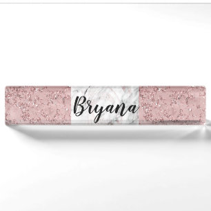 Rose Gold Modern Glam Marble & Glitter Decorative Nameplate