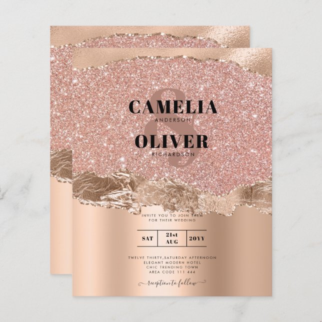 Rose Gold Modern Glamour Wedding Invite (Front/Back)