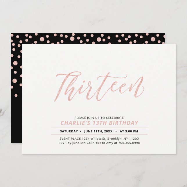 Rose Gold Modern Lettering 13th Birthday Party Invitation (Front/Back)
