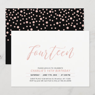 Rose Gold Modern Lettering 14th Birthday Party Invitation