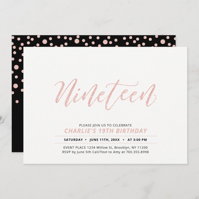 Rose Gold Modern Lettering 19th Birthday Party Invitation (Front/Back)