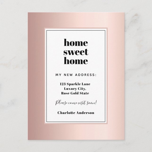 Rose gold modern minimalist home sweet home moving announcement postcard (Front)