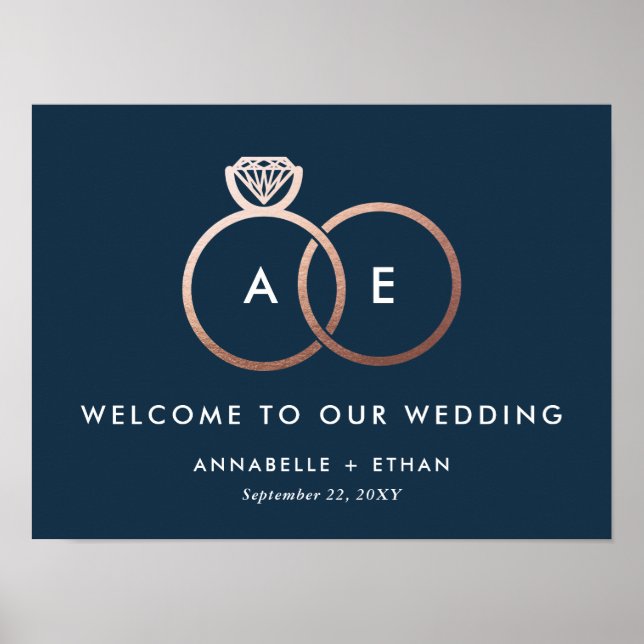 Rose Gold Modern Rings Navy Wedding Welcome Sign (Front)