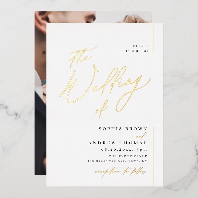 Rose gold modern script minimalist photo wedding (Front/Back)