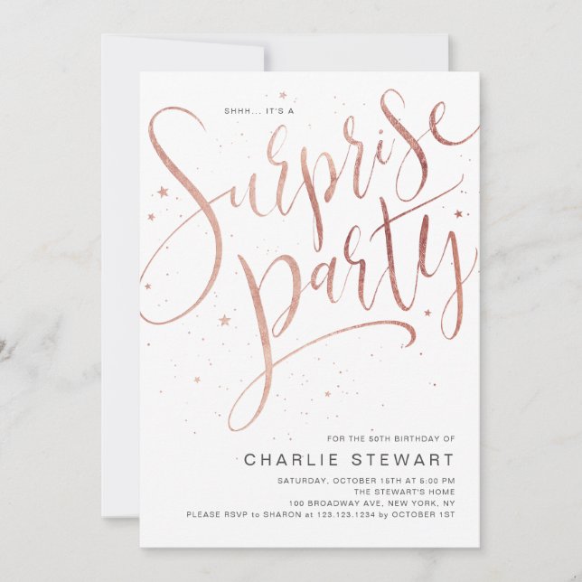 Rose Gold Modern Script Surprise Birthday Party Invitation (Front)