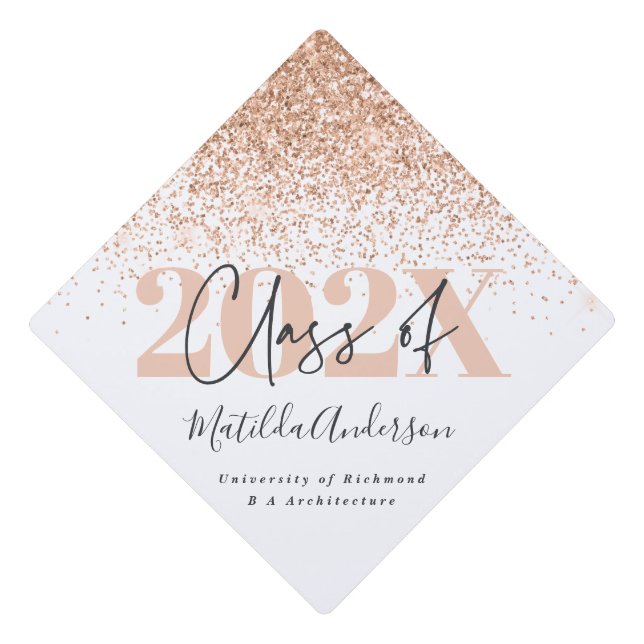 Rose gold modern stylish glitter typography graduation cap topper (Front)