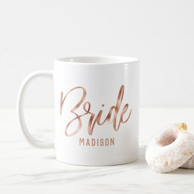 Rose Gold Modern Typography Wedding Bride Coffee Mug (With Donut)