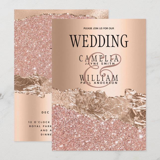 Rose Gold Moderne Glamor Mariage Invitation (Devant / Derrière)