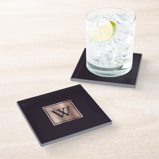 Rose Gold Monogram Blackcurrant Purple Glass Coaster (Angled)