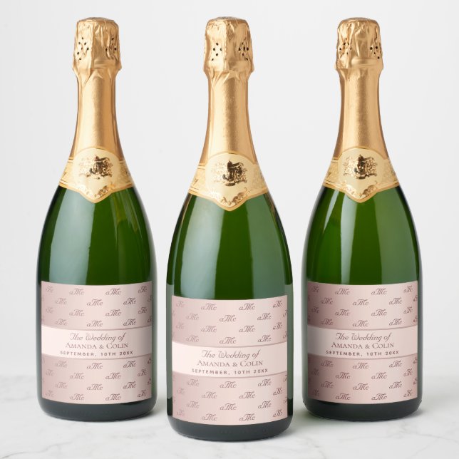 Rose gold monogram couple initials wedding sparkling wine label (Bottles)