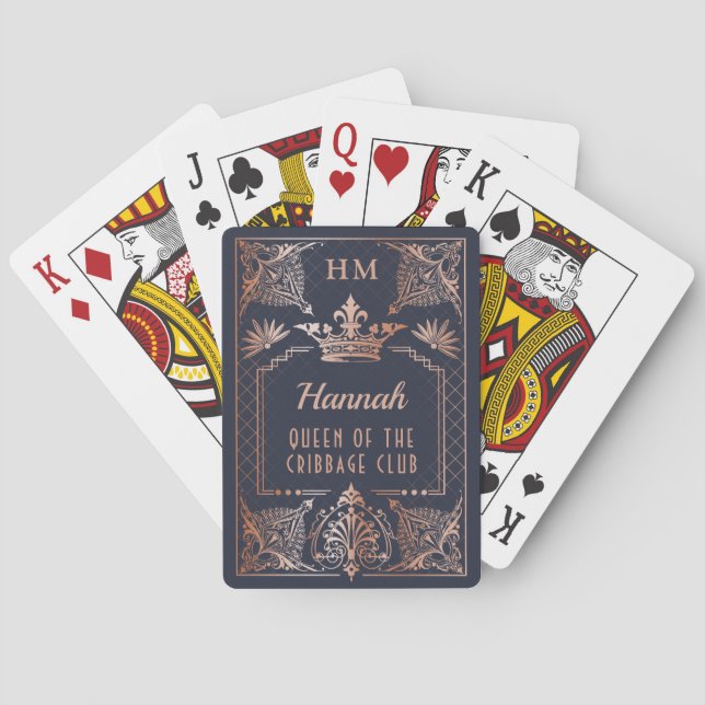 Rose Gold Monogram Crown Queen Custom Name Text  Playing Cards (Back)