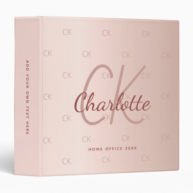Rose gold monogram elegant script office school binder (Front/Spine)