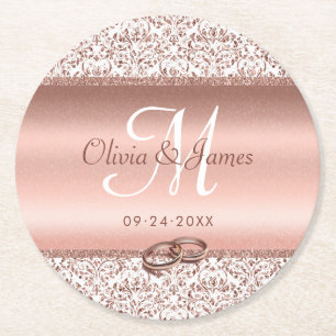 Rose Gold Monogram Elegant Wedding Round Paper Coaster