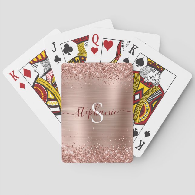 Rose Gold Monogram Faux-Glitter Girly Glam Playing Cards (Back)