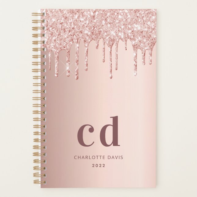 Rose gold monogram glitter drips glamourous planner (Front)