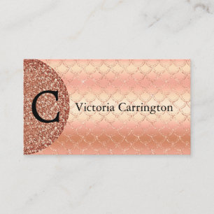 Rose Gold Monogram Glitter Mermaid Pattern Bling Business Card