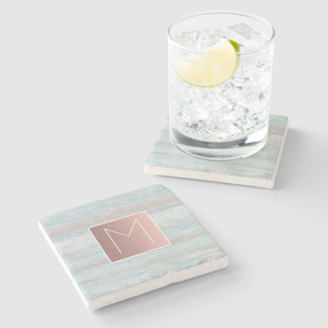 rose gold monogram grey blue pink marble stone coaster (Side)