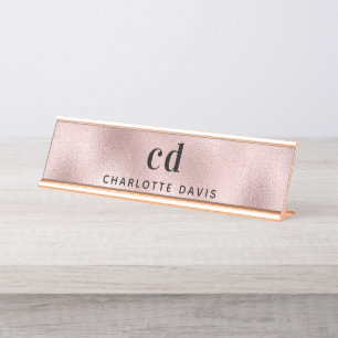 Rose gold monogram initials minimalist desk name plate