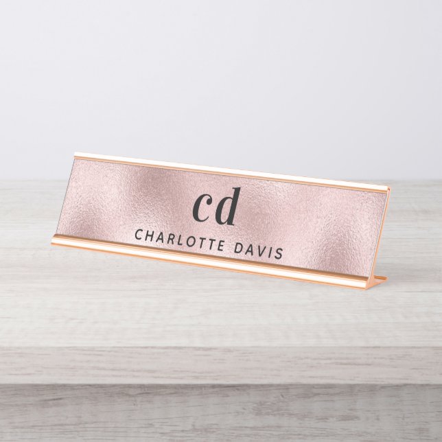 Rose gold monogram initials minimalist desk name plate (Front)