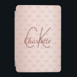 Rose gold monogram initials pink modern iPad mini cover<br><div class="desc">Personalize and add your name and monogram letters,  initials.  The monogram initials as a pattern on the background.   A girly and feminine rose gold,  pink gradient background colour.  Rose gold coloured letters. The name is written with a hand lettered style script.</div>
