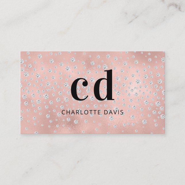Rose gold monogram initials silver business card (Front)