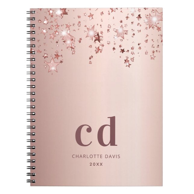 Rose gold monogram initials stars  notebook (Front)