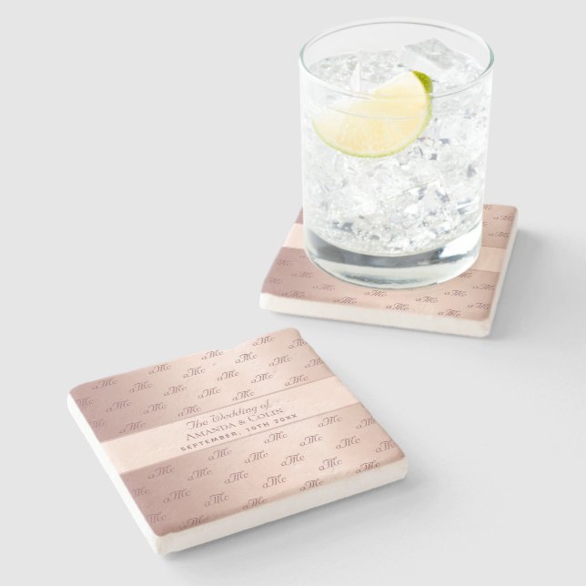 Rose gold monogram initials wedding save the date stone coaster (Side)