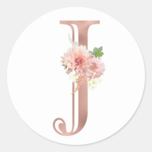 Rose Gold Monogram Letter J Blush Pink Flower Foil Classic Round Sticker